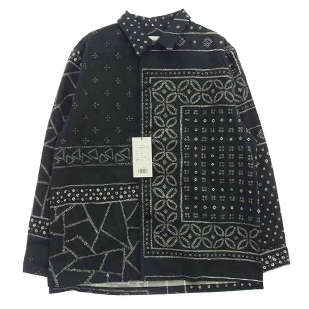 KUON クオン 115SH010200 Kanoko Shibori Printed Bandanna Shirket 観光絞り プリント バンダナ 長袖 シャツ ジャケット ブラック系 S【極上美品】【中古】
