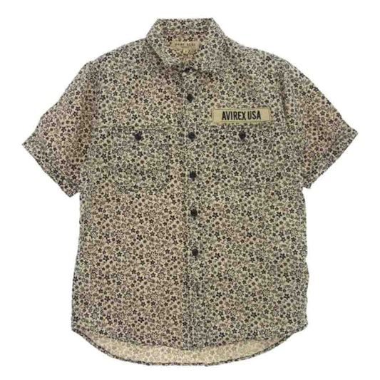 AVIREX アヴィレックス 6115111 FLOWER PRINT SHIRT フラワープリント コットン 半袖 シャツ オフホワイト系 ダークネイビー系 M【中古】