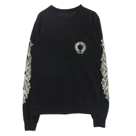 CHROME HEARTS クロムハーツ（原本無） CH LS 1 袖フローラル バックホースシュー プリント 長袖カットソー 長袖Tシャツ ロングスリーブカットソー ロンT ブラック系 M【中古】
