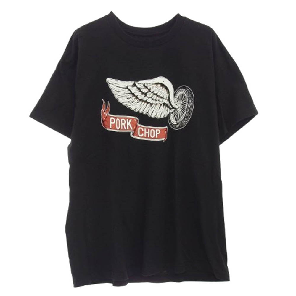 PORKCHOP ポークチョップ MASSES マシス フロントフライングホイールプリント 半袖 Tシャツ ブラック系 L【中古】