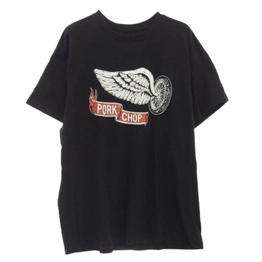 PORKCHOP ポークチョップ MASSES マシス フロントフライングホイールプリント 半袖 Tシャツ ブラック系 L【中古】