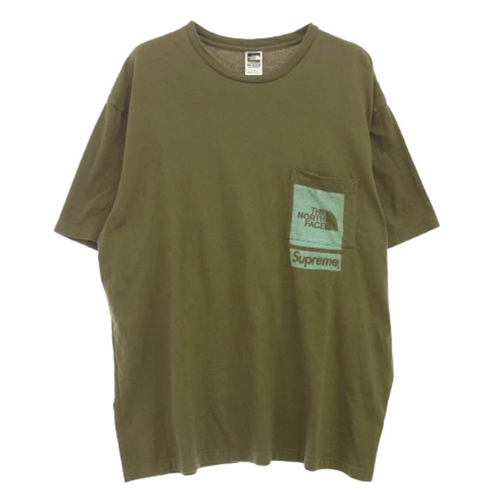 Supreme シュプリーム 23SS NT02309I × THE NORTH FACE Printed Pocket Tee ザノースフェイス ロゴ プリント ポケット 半袖 Tシャツ L カーキ系 LL【中古】