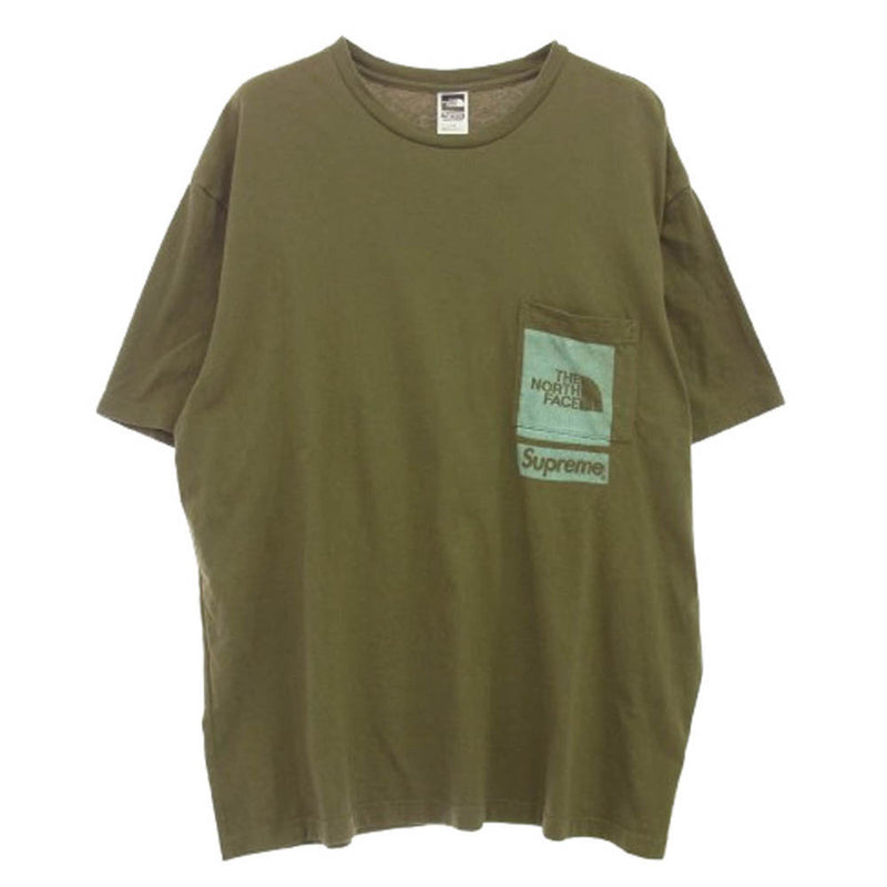 Supreme シュプリーム 23SS NT02309I × THE NORTH FACE Printed Pocket Tee ザノースフェイス ロゴ プリント ポケット 半袖 Tシャツ L カーキ系 LL【中古】