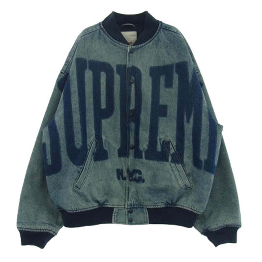 Supreme シュプリーム 23SS Washed Knockout Denim Varsity Jacket ウォッシュ ノックアウト デニム バーシティー ジャケット スタジャン インディゴブルー系 L【中古】