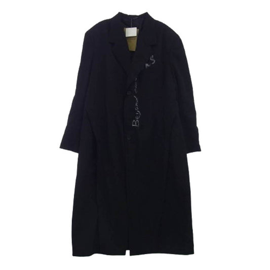 Yohji Yamamoto POUR HOMME ヨウジヤマモトプールオム 23SS HZ-J12-100 心しずかに… シワギャバ 100番ウールギャバジン ダブルレイヤード メッセージプリントロングコート ブラック系 3【極上美品】【中古】