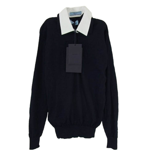 PRADA プラダ DNA00T S000 145T 襟付き ウール ニット 長袖 ポロシャツ ダークネイビー系 36【中古】