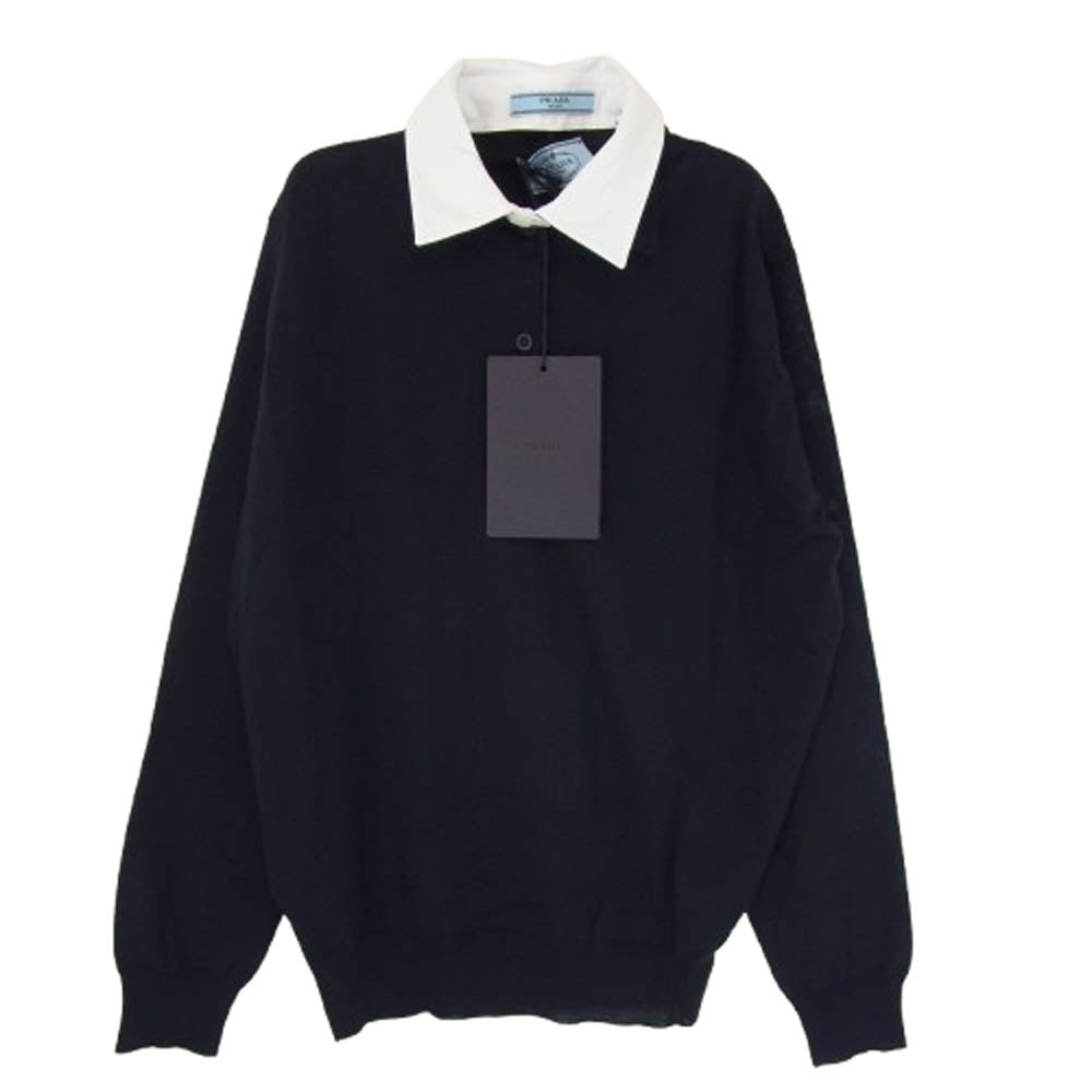 PRADA プラダ DNA00T S000 145T 襟付き ウール ニット 長袖 ポロシャツ ダークネイビー系 36【極上美品】【中古】