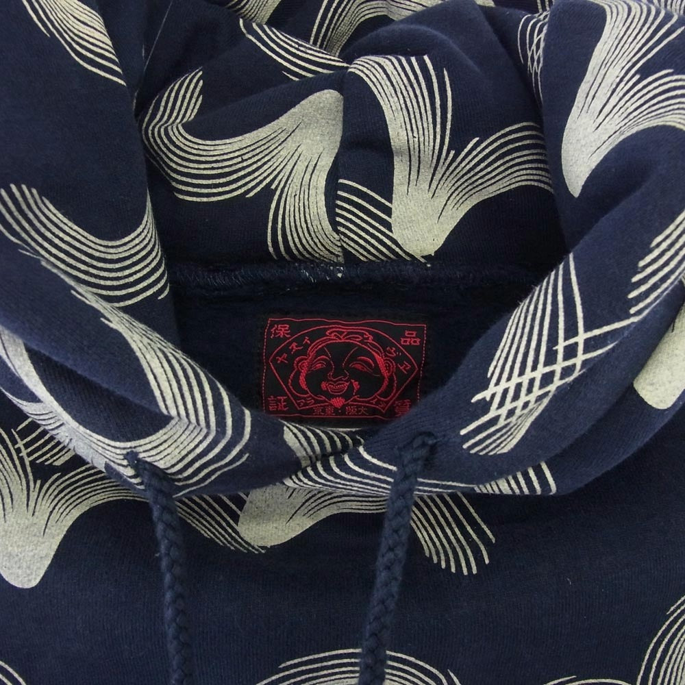 EVISU エヴィス カモメ 総柄 プリント プルオーバ― フーディー パーカー ネイビー ネイビー系 40【中古】