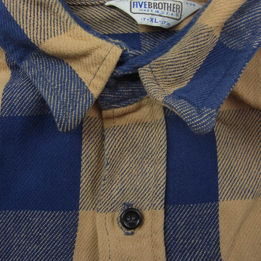 FIVE BROTHER ファイブブラザー vintage USA製 チェック 長袖 シャツ ベージュ系 ネイビー系 XL【中古】