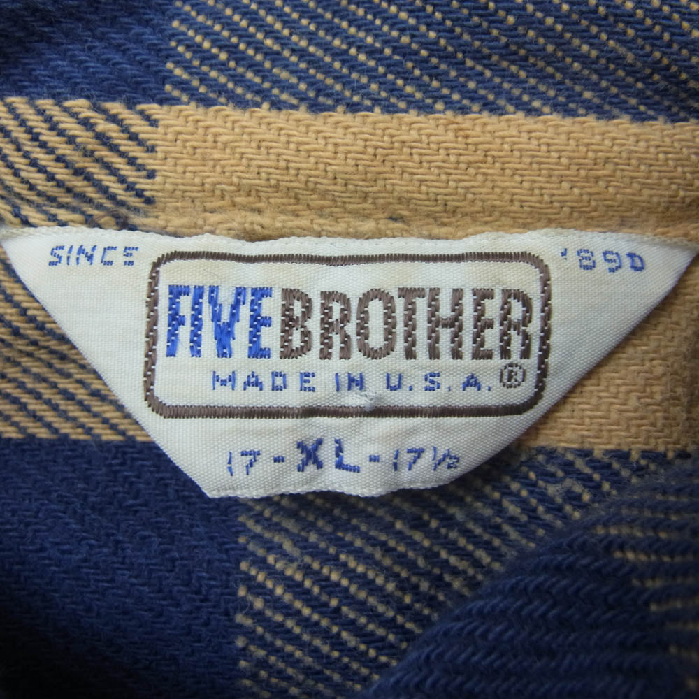 FIVE BROTHER ファイブブラザー vintage USA製 チェック 長袖 シャツ ベージュ系 ネイビー系 XL【中古】
