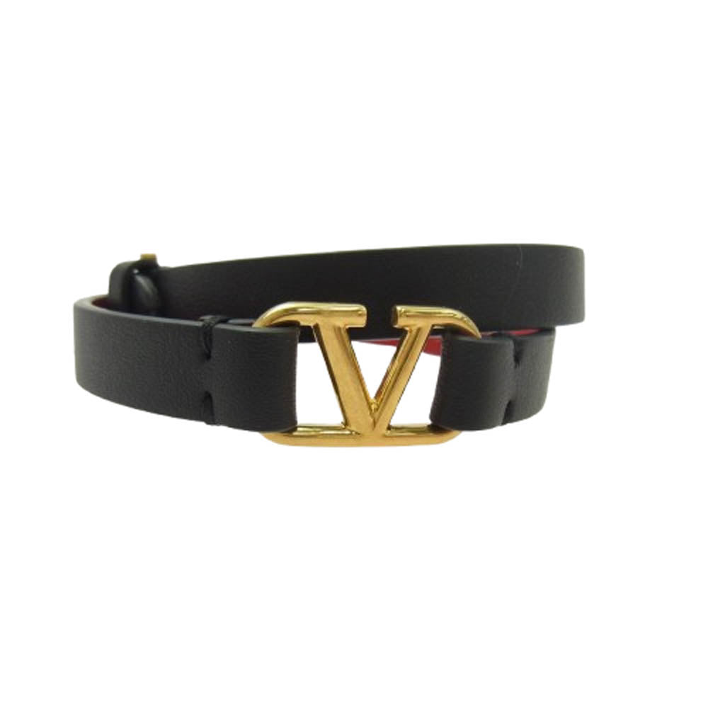 VALENTINO ヴァレンティノ Vロゴ バックル 2連 レザー ダブル ブレスレット ブラック系 レッド系【中古】