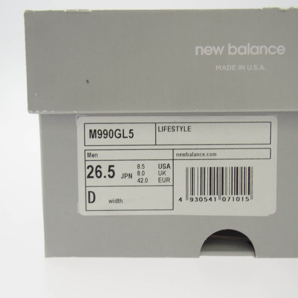 NEW BALANCE ニューバランス M990GL5 USA製 990 V5 GRAY グレイ スエード ローカットスニーカー グレー系 D 26.5cm【新古品】【未使用】【中古】