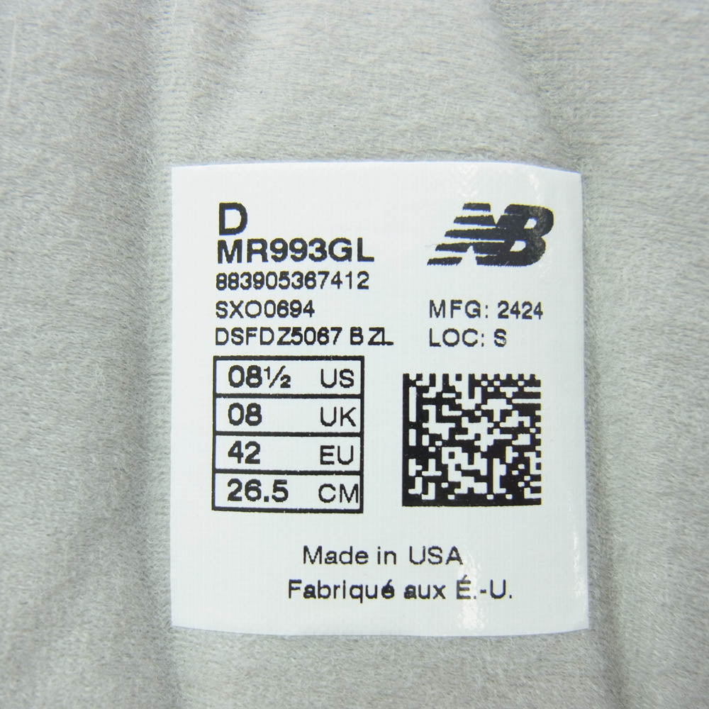 NEW BALANCE ニューバランス MR993GL USA製 993 V3 GRAY グレイ スエード ローカット スニーカー グレー系 D 26.5cm【新古品】【未使用】【中古】