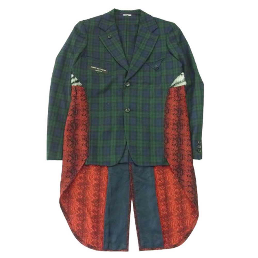 COMME des GARCONS HOMME PLUS コムデギャルソンオムプリュス 18SS AD2017 PA-J026 燕尾 田素材切替 裏使い チェック柄 ロング ジャケット コート モスグリーン系 マルチカラー系 S【中古】