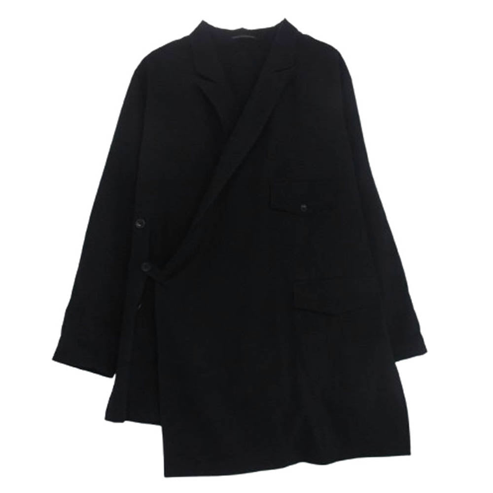 Yohji Yamamoto POUR HOMME ヨウジヤマモトプールオム 17SS HD-D10-100 100番ウールギャバジン シワギャバ 袈裟 ピークドラペル アシンメトリー ラップ ロング ジャケット ブラック系 2【中古】