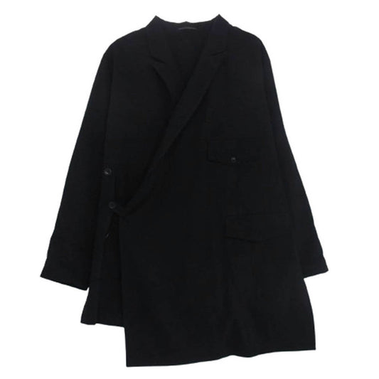 Yohji Yamamoto POUR HOMME ヨウジヤマモトプールオム 17SS HD-D10-100 100番ウールギャバジン シワギャバ 袈裟 ピークドラペル アシンメトリー ラップ ロング ジャケット ブラック系 2【中古】