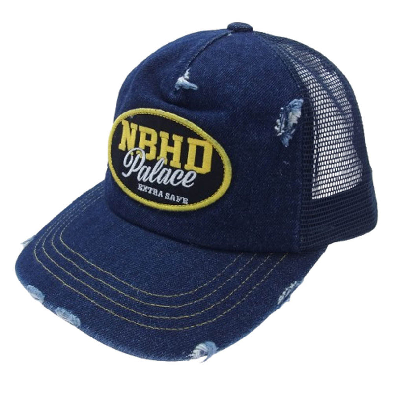 NEIGHBORHOOD ネイバーフッド 25SS PL-FW25-AUTU-WEEK2-012 × Palace パレス Mesh Trucker ワッペン付 ダメージ加工 デニム メッシュ トラッカーキャップ インディゴブルー系【美品】【中古】