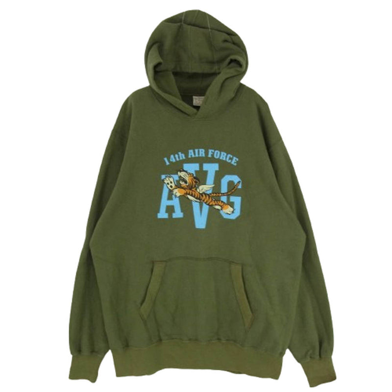 Buzz Rickson's バズリクソンズ 14th AIR FORCE プリント プルオーバー スウェット パーカ モスグリーン系 XXL【中古】