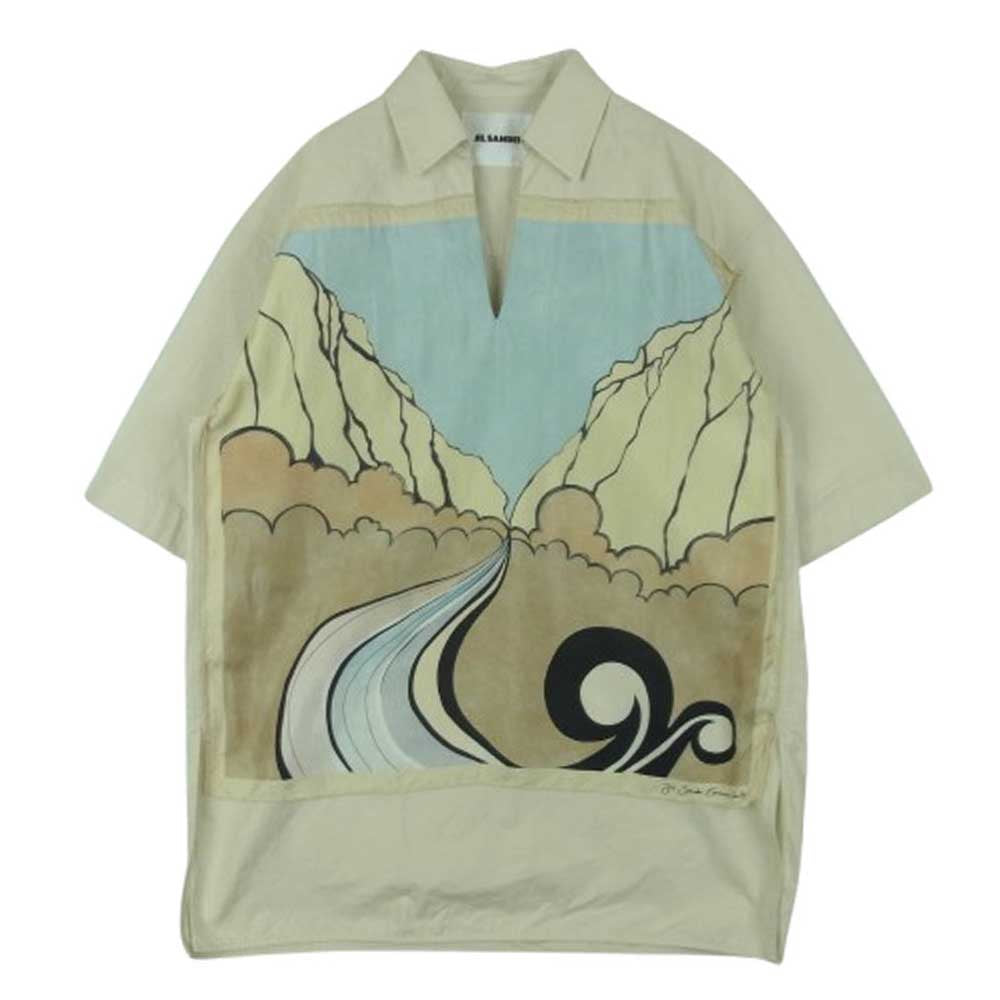 JIL SANDER ジルサンダー 20SS JSWQ605005 シルク切替 コットン スキッパー Vネック プルオーバー 半袖 シャツ マルチカラー系 ベージュ系 34【中古】