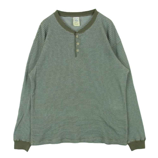 カーキス 1LDK WAFFLE HENLEY L/S TEE ワッフル ヘンリー ボーダー 長袖 Tシャツ グリーン系 カーキ系 XL【中古】