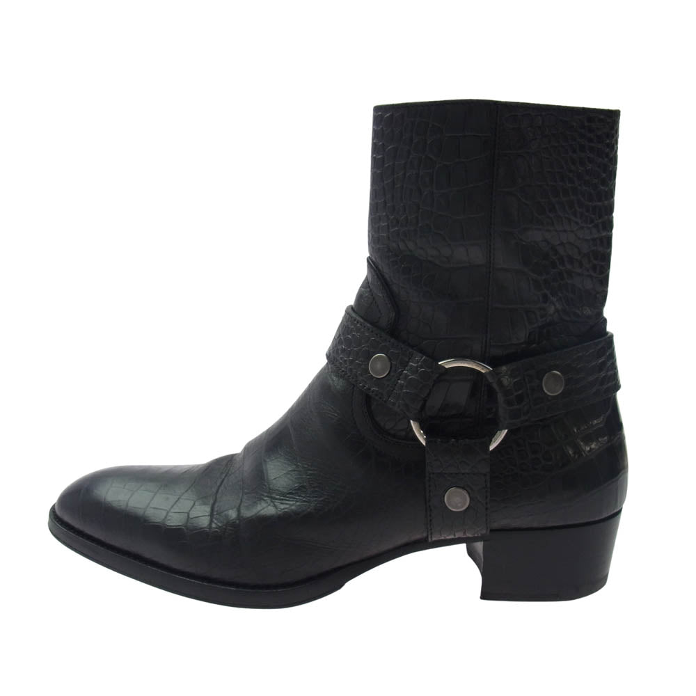 SAINT LAURENT サンローラン 603515 クロコ型押し ワイアット ハーネス リング サイドジップ ブーツ ブラック系 41【中古】