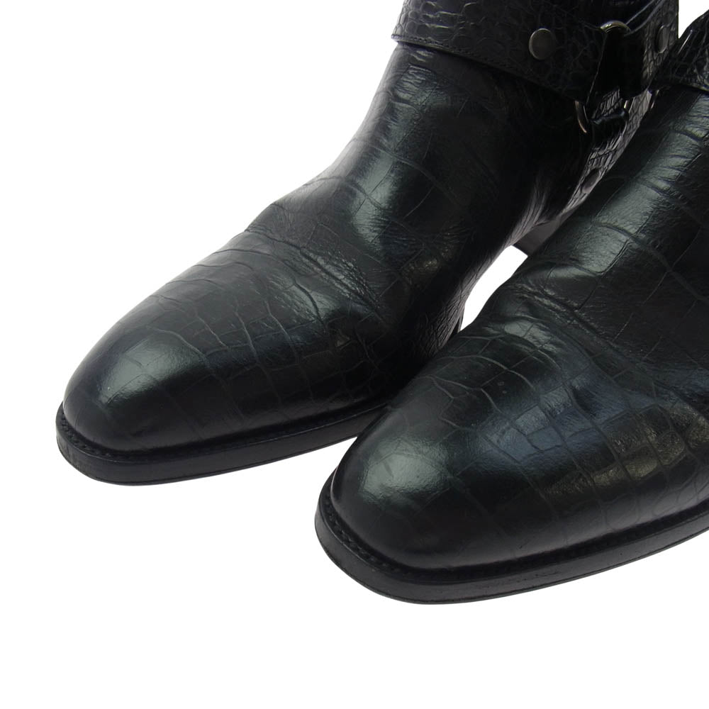 SAINT LAURENT サンローラン 603515 クロコ型押し ワイアット ハーネス リング サイドジップ ブーツ ブラック系 41【中古】
