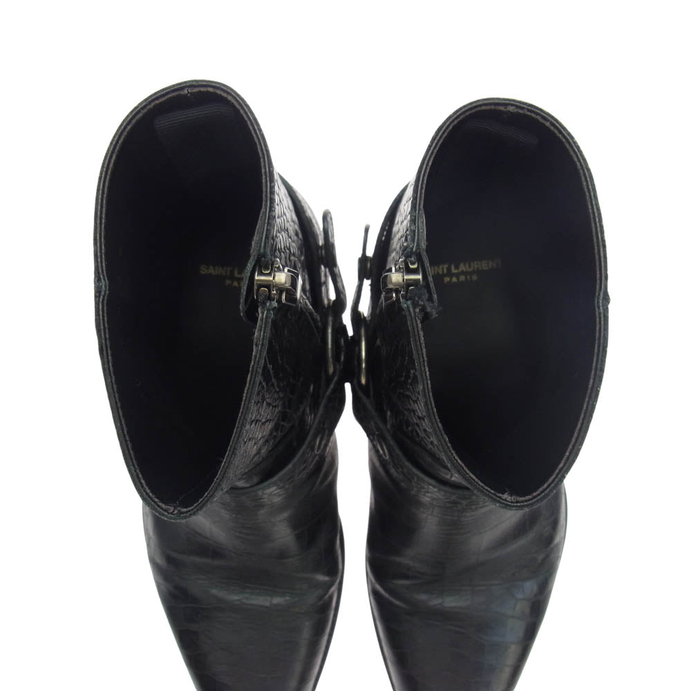 SAINT LAURENT サンローラン 603515 クロコ型押し ワイアット ハーネス リング サイドジップ ブーツ ブラック系 41【中古】