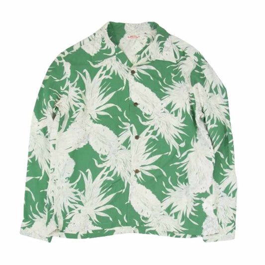 SUN SURF サンサーフ SS29403 L/S RAYON HAWAIIAN SHIRT ISLAND PINEAPPLE 総柄 オープンカラー レーヨン 長袖 アロハ シャツ グリーン系 XL【中古】