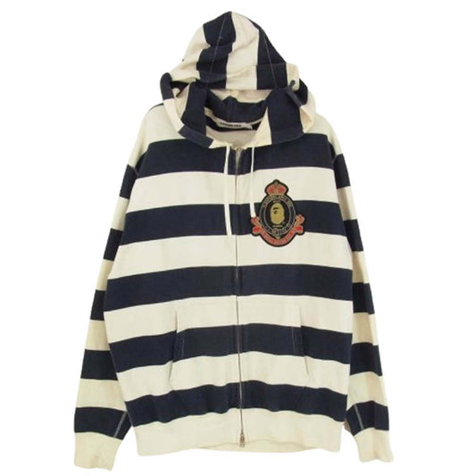 A BATHING APE アベイシングエイプ ロゴワッペン ボーダー ジップ パーカー フーディ ダークネイビー系 L【中古】