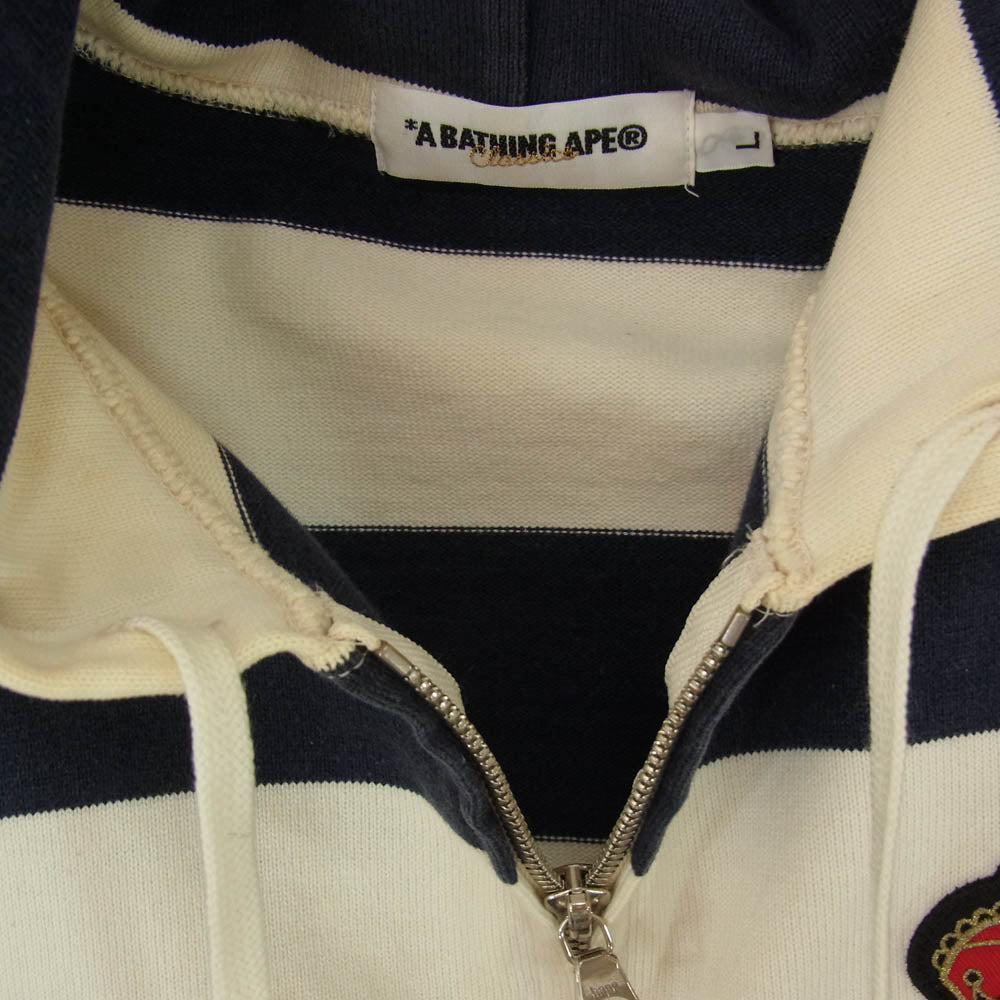 A BATHING APE アベイシングエイプ ロゴワッペン ボーダー ジップ パーカー フーディ ダークネイビー系 L【中古】
