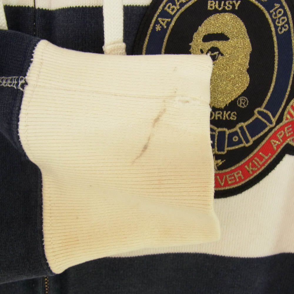 A BATHING APE アベイシングエイプ ロゴワッペン ボーダー ジップ パーカー フーディ ダークネイビー系 L【中古】