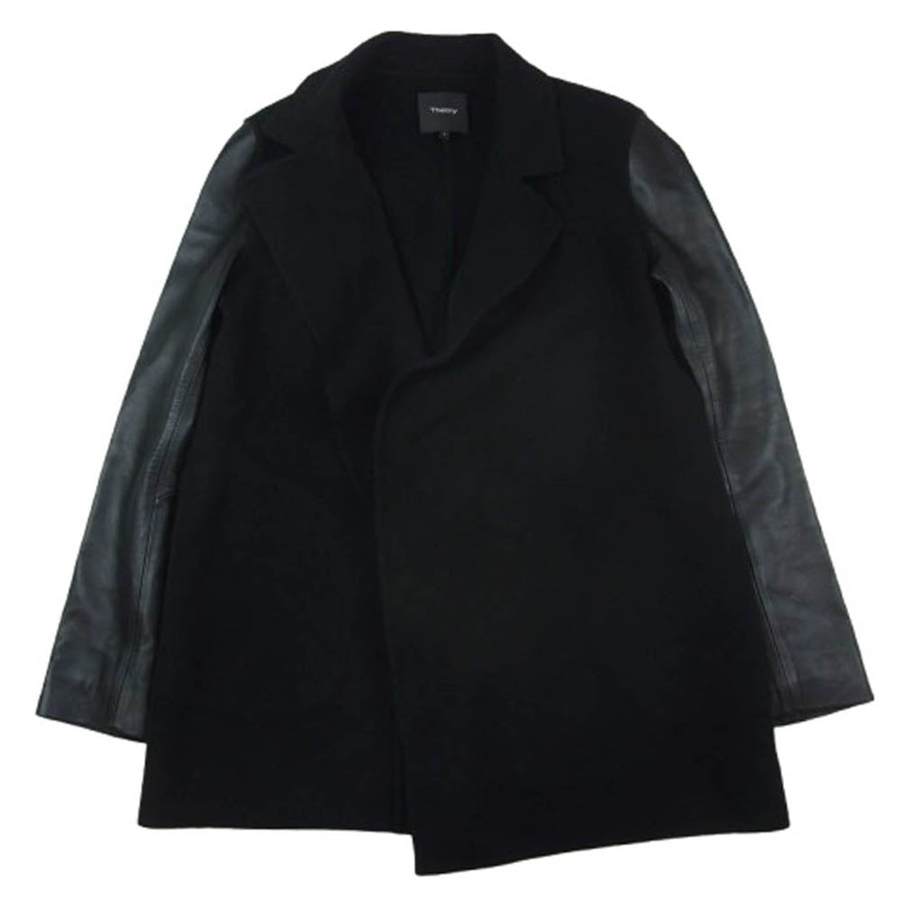 theory セオリー カシミヤ混 アームレザー切替 ウール コート ブラック系 S【中古】