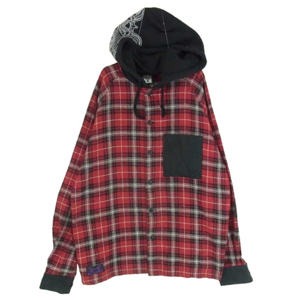 HEX ANTISTYLE ヘックスアンチスタイル チェック フード付き 長袖 シャツ レッド系 L【中古】