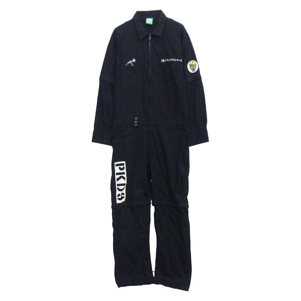 PUNK DRUNKERS パンクドランカーズ ワッペン バックプリント ロゴ 刺繍 オールインワン ツナギ ブラック系 L【中古】