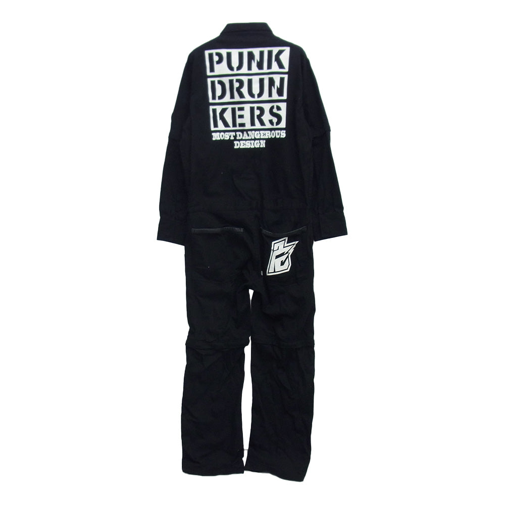 PUNK DRUNKERS パンクドランカーズ ワッペン バックプリント ロゴ 刺繍 オールインワン ツナギ ブラック系 L【中古】