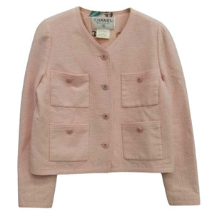 CHANEL シャネル ココマークボタン 裏地シルク ツイード ノーカラー ジャケット ピンク系 40【中古】