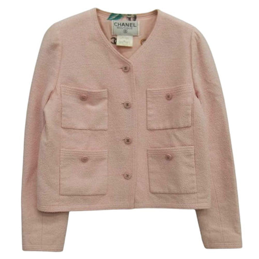 CHANEL シャネル ココマークボタン 裏地シルク ツイード ノーカラー ジャケット ピンク系 40【中古】