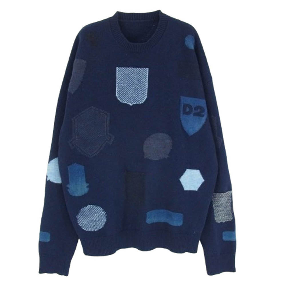 DSQUARED2 ディースクエアード 20AW s74ha1099 s17395 CREW NECK KNIT クルーネック ニット ダークネイビー系 ライトブルー系 L【中古】