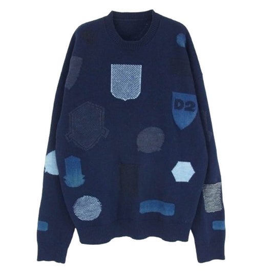 DSQUARED2 ディースクエアード 20AW s74ha1099 s17395 CREW NECK KNIT クルーネック ニット ダークネイビー系 ライトブルー系 L【中古】