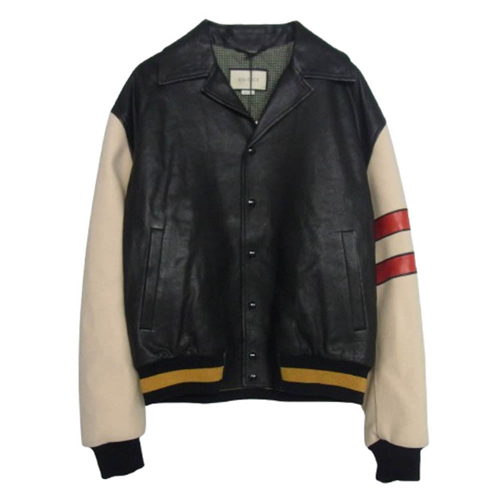 GUCCI グッチ 19SS 544727 XNAAM Chateau Marmont Bomber Jacket シャトーマーモント レザー ウール ボンバー ジャケット ブルゾン ブラック系 オフホワイト系 48【中古】