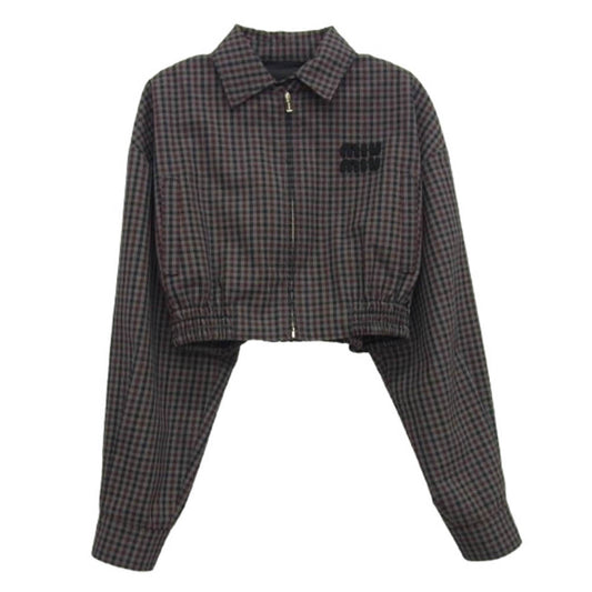 MIUMIU ミュウミュウ MK852 S231 13JH ロゴ クロップド ギンガムチェック ブルゾン ジャケット マルチカラー系 36【美品】【中古】