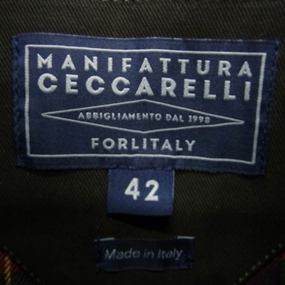 マニファッツュラチェカレリ 7073 イタリア製 Heavy Waxed Shirt Jacket 裏地チェック ヘビー ワックスド シャツ ジャケット カーキ系 42【中古】