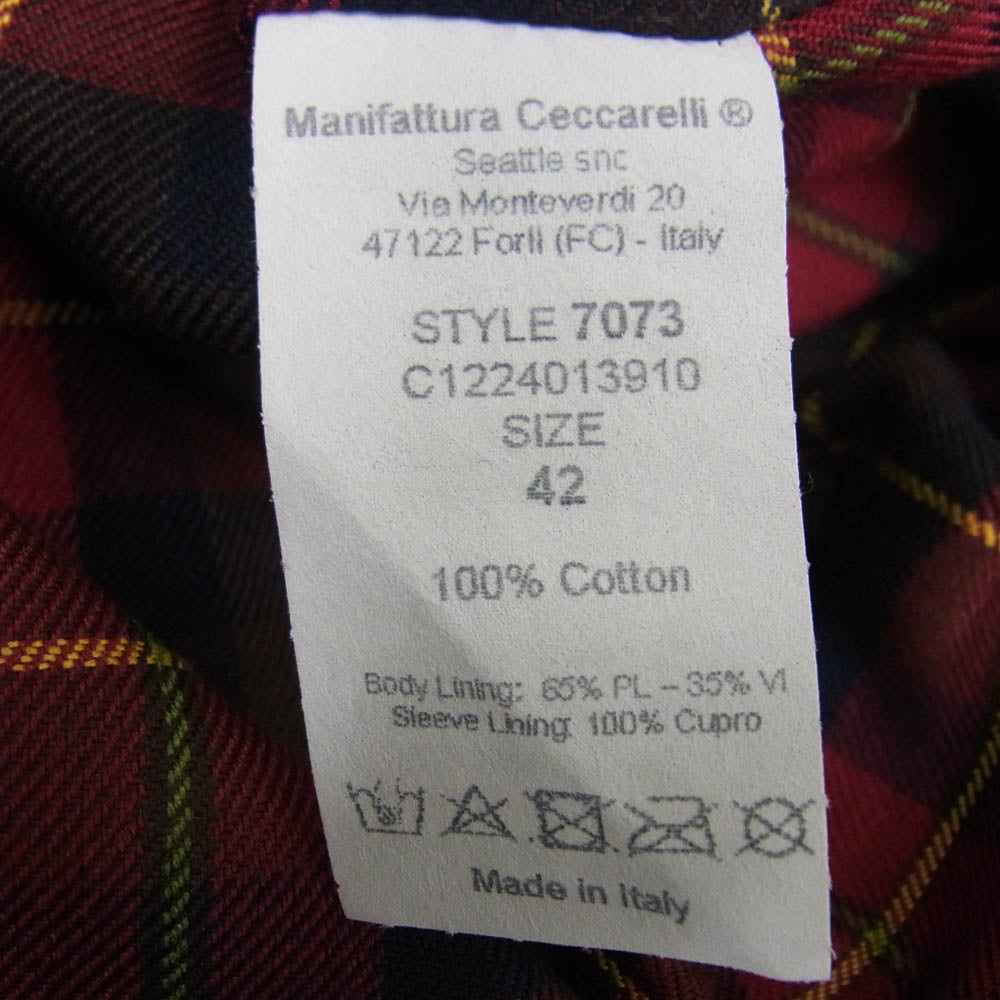 マニファッツュラチェカレリ 7073 イタリア製 Heavy Waxed Shirt Jacket 裏地チェック ヘビー ワックスド シャツ ジャケット カーキ系 42【中古】