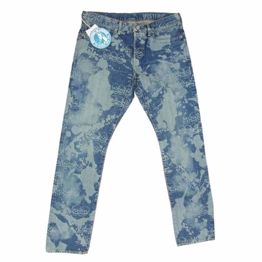 HYSTERIC GLAMOUR ヒステリックグラマー 25AW 02253AP12 DROPPING&SKULL柄 レーザー加工 ドロッピング スカル スリム ストレート デニムパンツ インディゴブルー系 32【極上美品】【中古】
