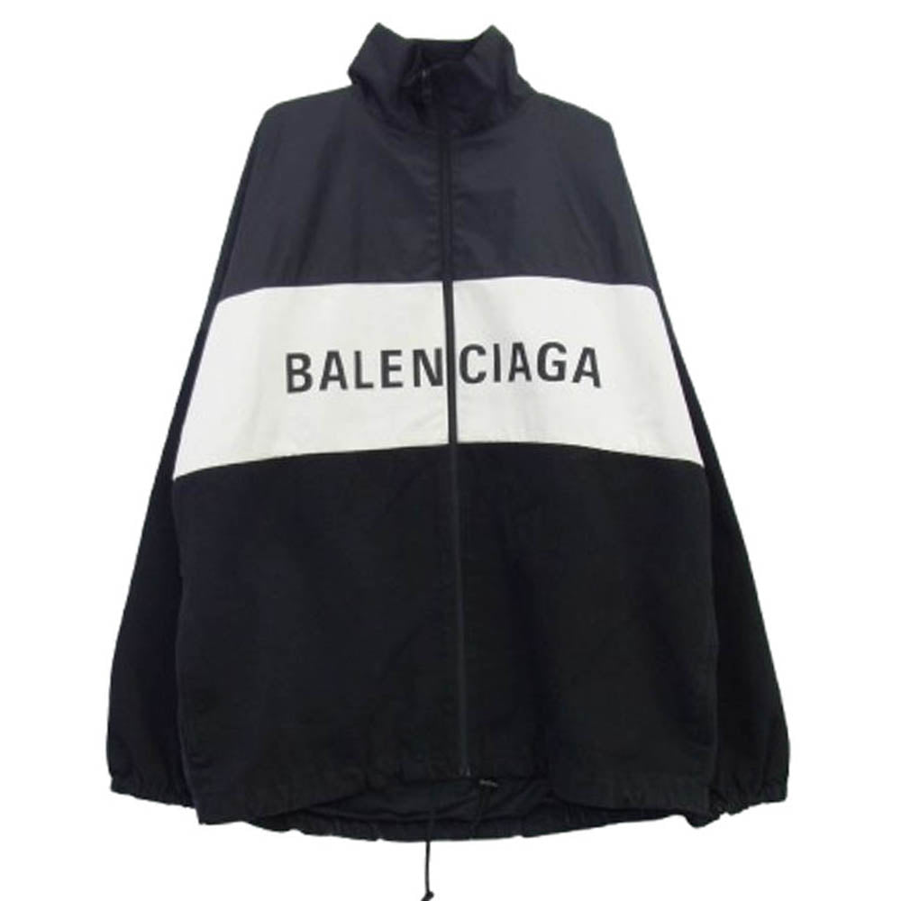 BALENCIAGA バレンシアガ 21SS 529213 TBQ03 デニム切替 ポプリン ロゴプリント トラックジャケット ブラック系 オフホワイト系 36【中古】