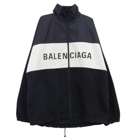 BALENCIAGA バレンシアガ 21SS 529213 TBQ03 デニム切替 ポプリン ロゴプリント トラックジャケット ブラック系 オフホワイト系 36【中古】