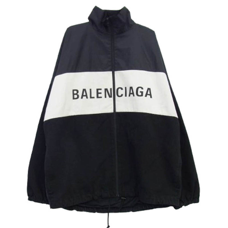 BALENCIAGA バレンシアガ 21SS 529213 TBQ03 デニム切替 ポプリン ロゴプリント トラックジャケット ブラック系 オフホワイト系 36【中古】