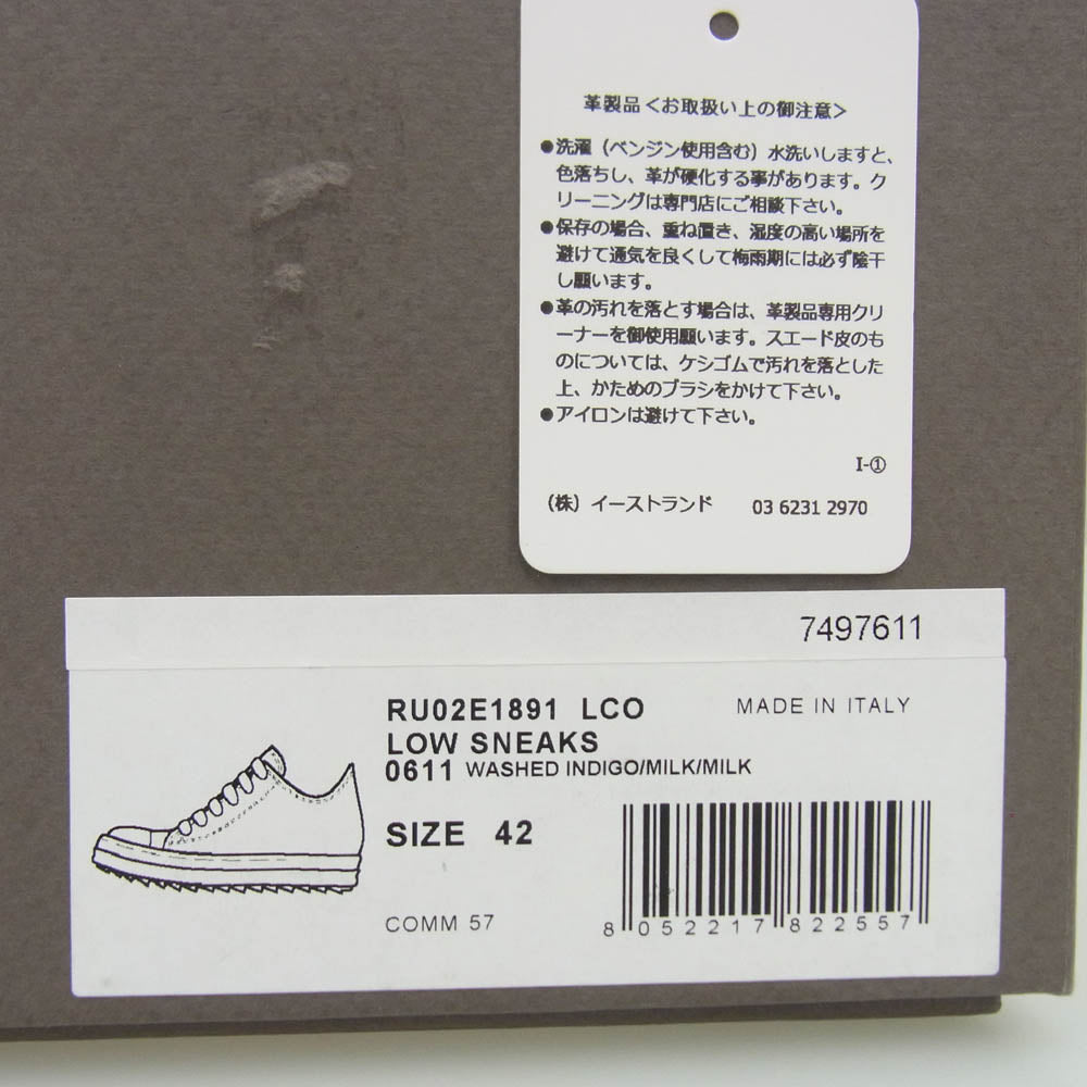 Rick Owens リックオウエンス RU02E1891 LOW SNEAKS レザー ローカット スニーカー ウォッシュドインディゴ グレー系 42【中古】
