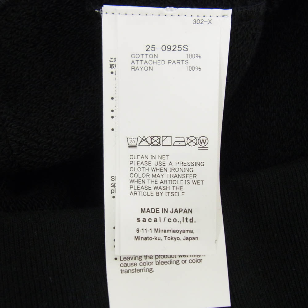 Sacai サカイ 25SS 25-0925S × WTAPS ダブルタップス Flock Print Hoodie フロック プリント フーディー プルオーバーパーカー ブラック系 3【中古】