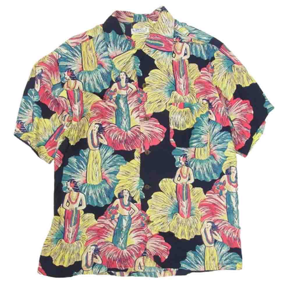 SUN SURF サンサーフ M32186 POSED HULA DANCER アロハ ハワイアン 半袖 シャツ ネイビー系 ピンク系 L【中古】